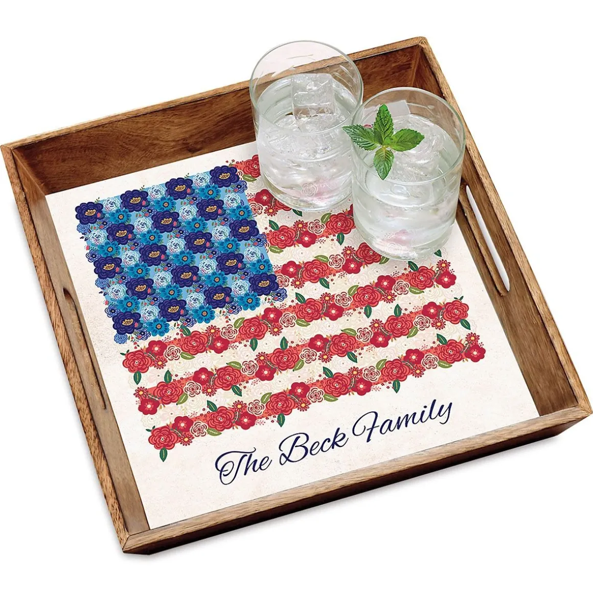 Americana Floral Flag Personalized Square Serving Tray