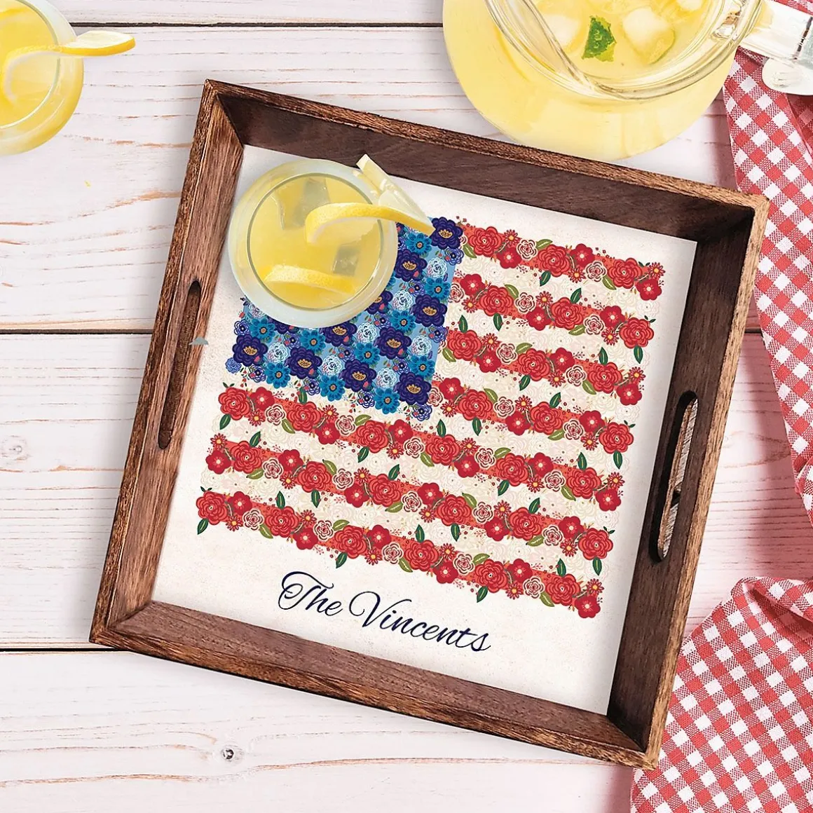 Americana Floral Flag Personalized Square Serving Tray