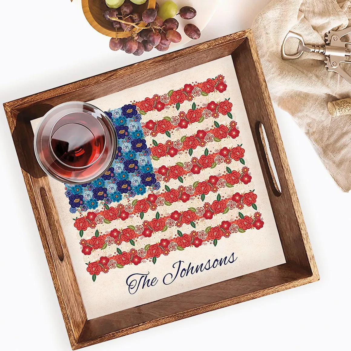 Americana Floral Flag Personalized Square Serving Tray