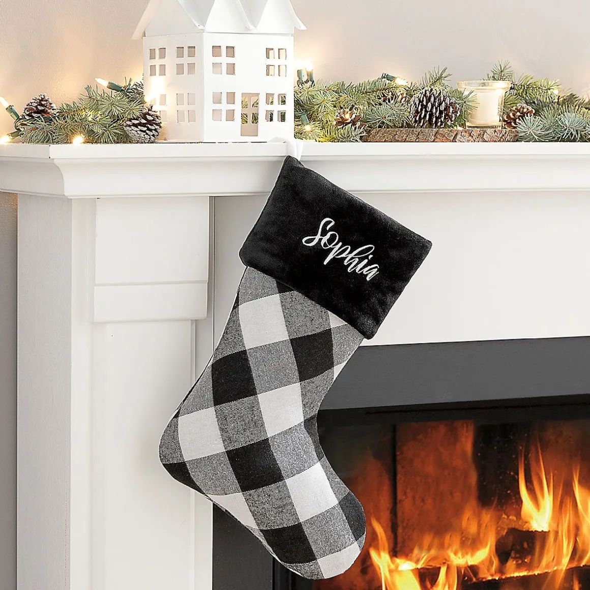 Black Cuff Black and White Checker Personalized Christmas Stocking