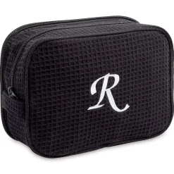 Black Monogrammed Waffle Weave Cosmetic Bag