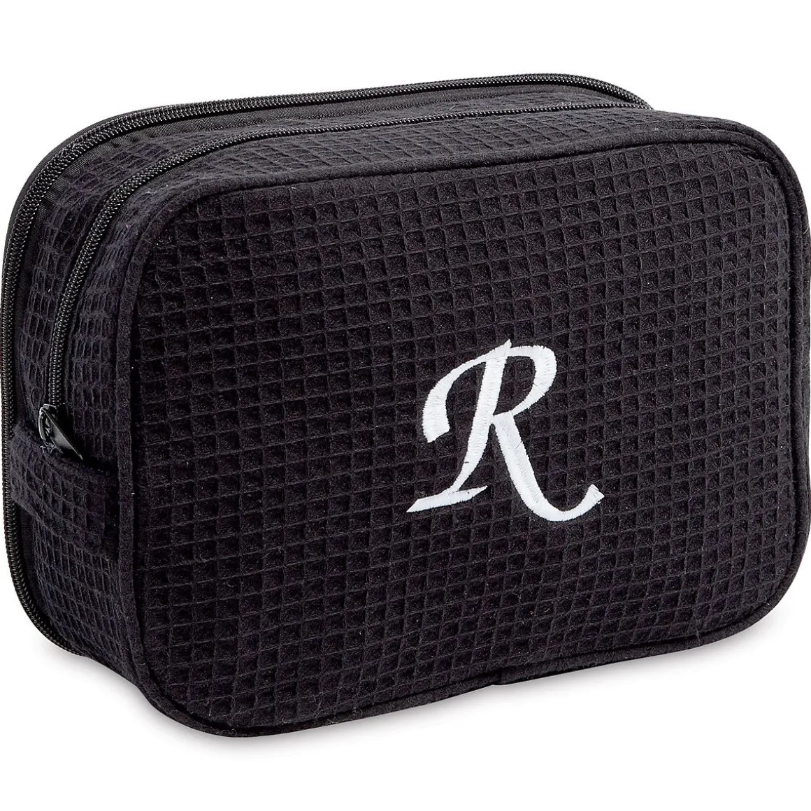 Black Monogrammed Waffle Weave Cosmetic Bag
