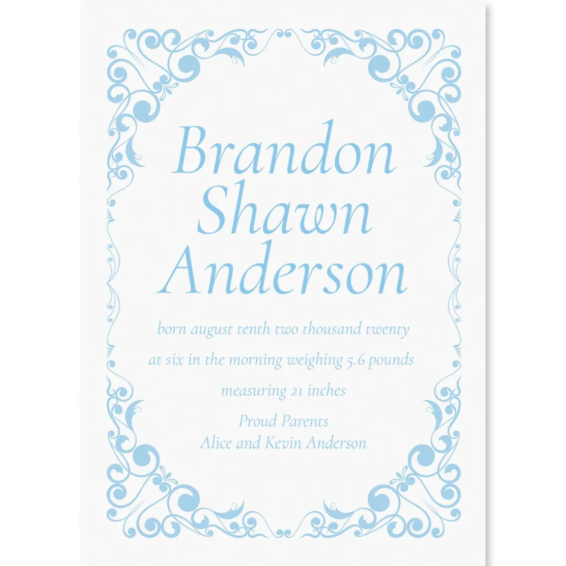Blue Filigree Frame Birth Announcements