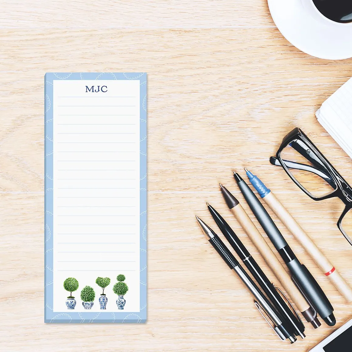 Blue & White Topiary Personalized Shopping List Pads