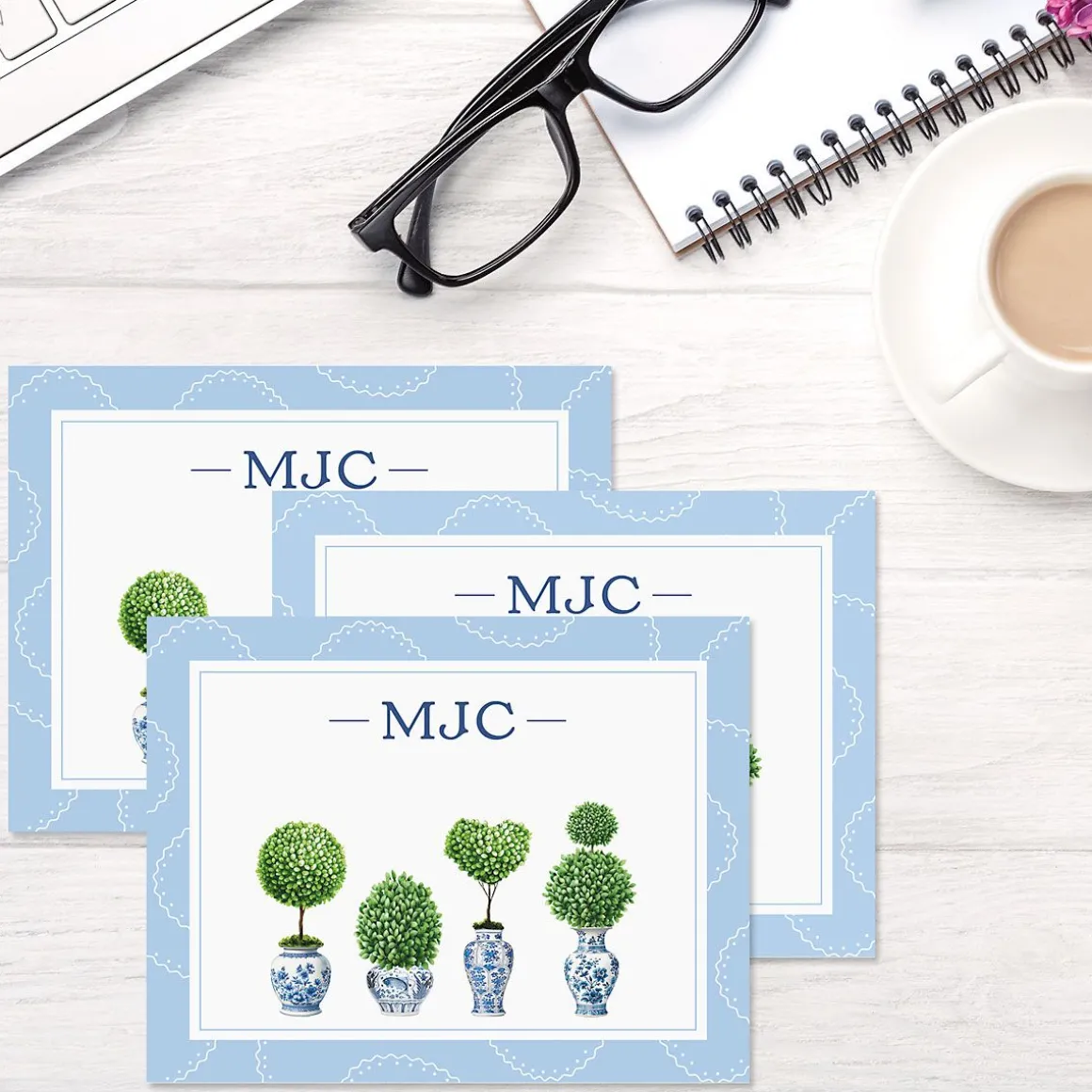 Blue & White Topiary Personalized Note Cards