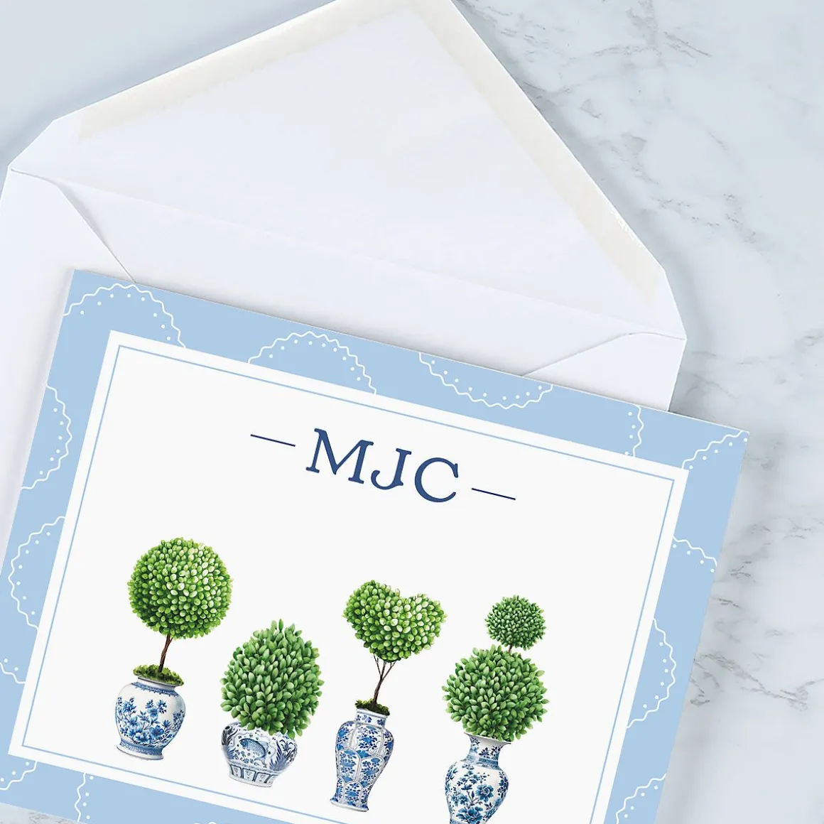 Blue & White Topiary Personalized Note Cards