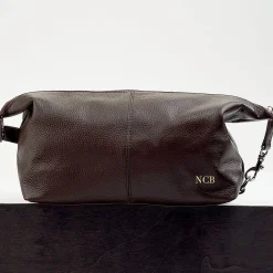 Brown Genuine Leather Monogrammed Toiletry Bag
