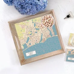 Classic Map Personalized Serving Tray in Natural Wood