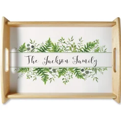 Family Name & Greenery Natural Wood Serving Tray