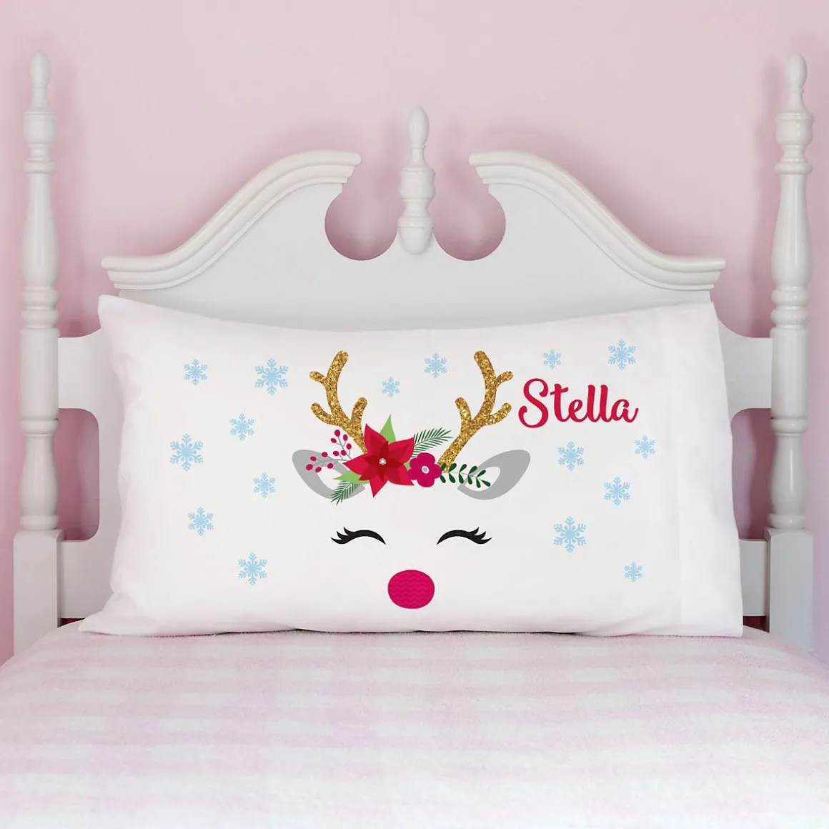 Girl Christmas Reindeer Personalized Pillowcase