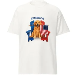 Golden Retriever and Flag White Adult T-Shirt