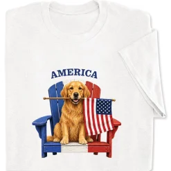 Golden Retriever and Flag White Adult T-Shirt