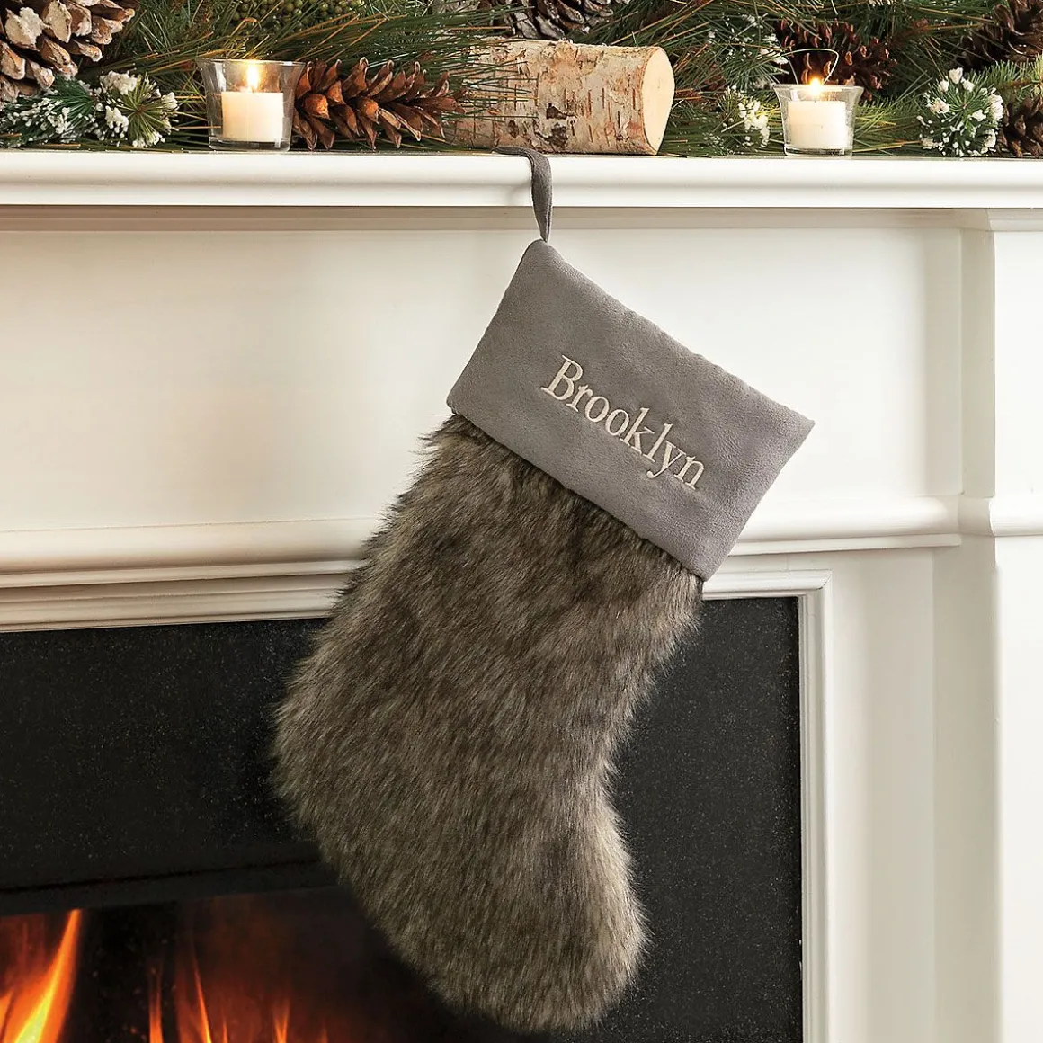 Gray Faux Fur Personalized Christmas Stocking