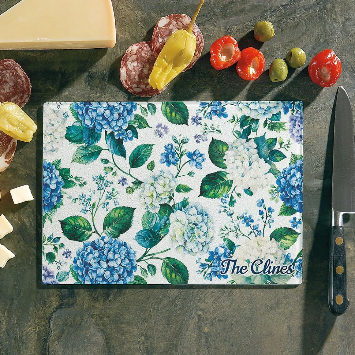 Hydrangea Personalized Glass Cutting Board