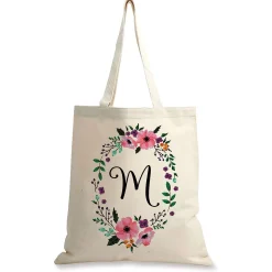 Initial in Wreath Personalized Canvas Tote