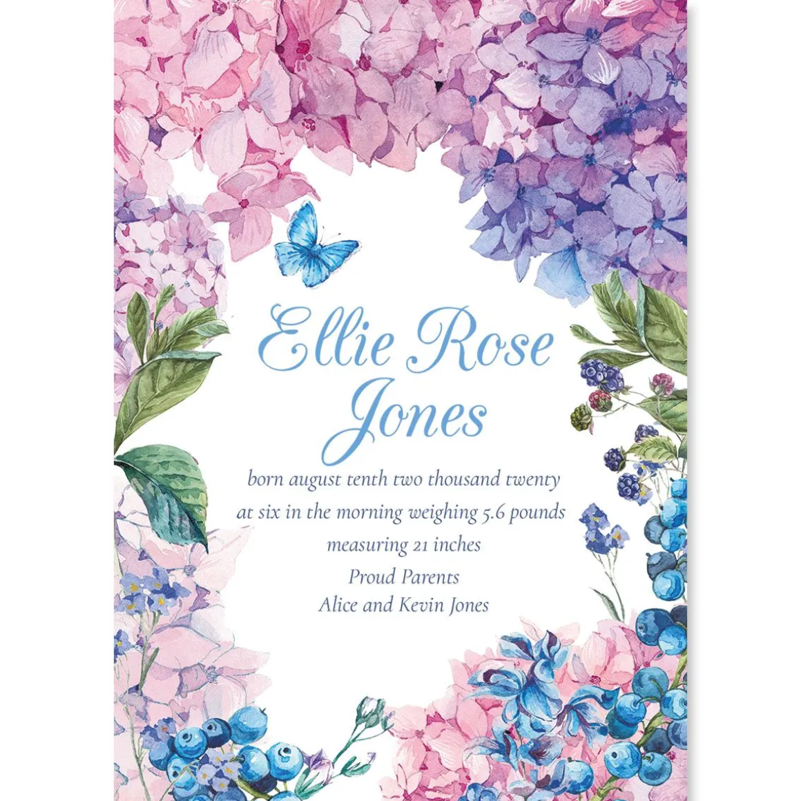 Lavish Hydrangea Personalized Birth Announcement