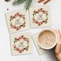Marble Holiday Berry Personalized Coasters