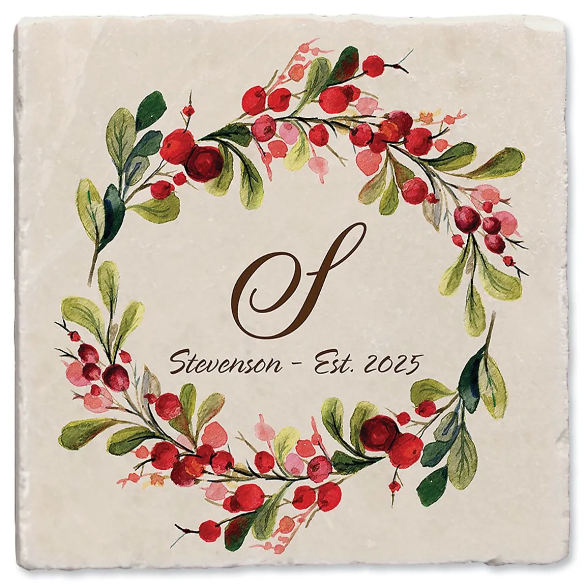Marble Holiday Berry Personalized Coasters