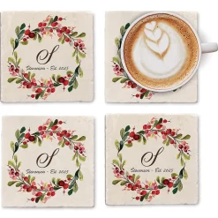 Marble Holiday Berry Personalized Coasters