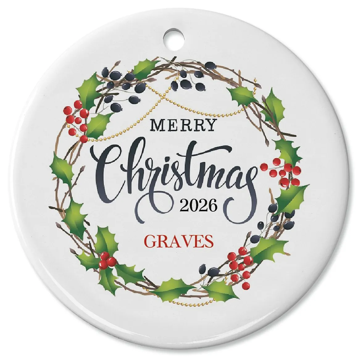Merry Christmas Berry Wreath Personalized Ornament