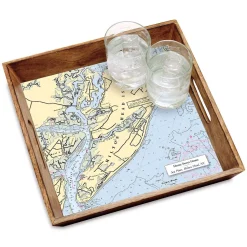 Nautical Chart Personalized Serving Tray in Burnt Wood