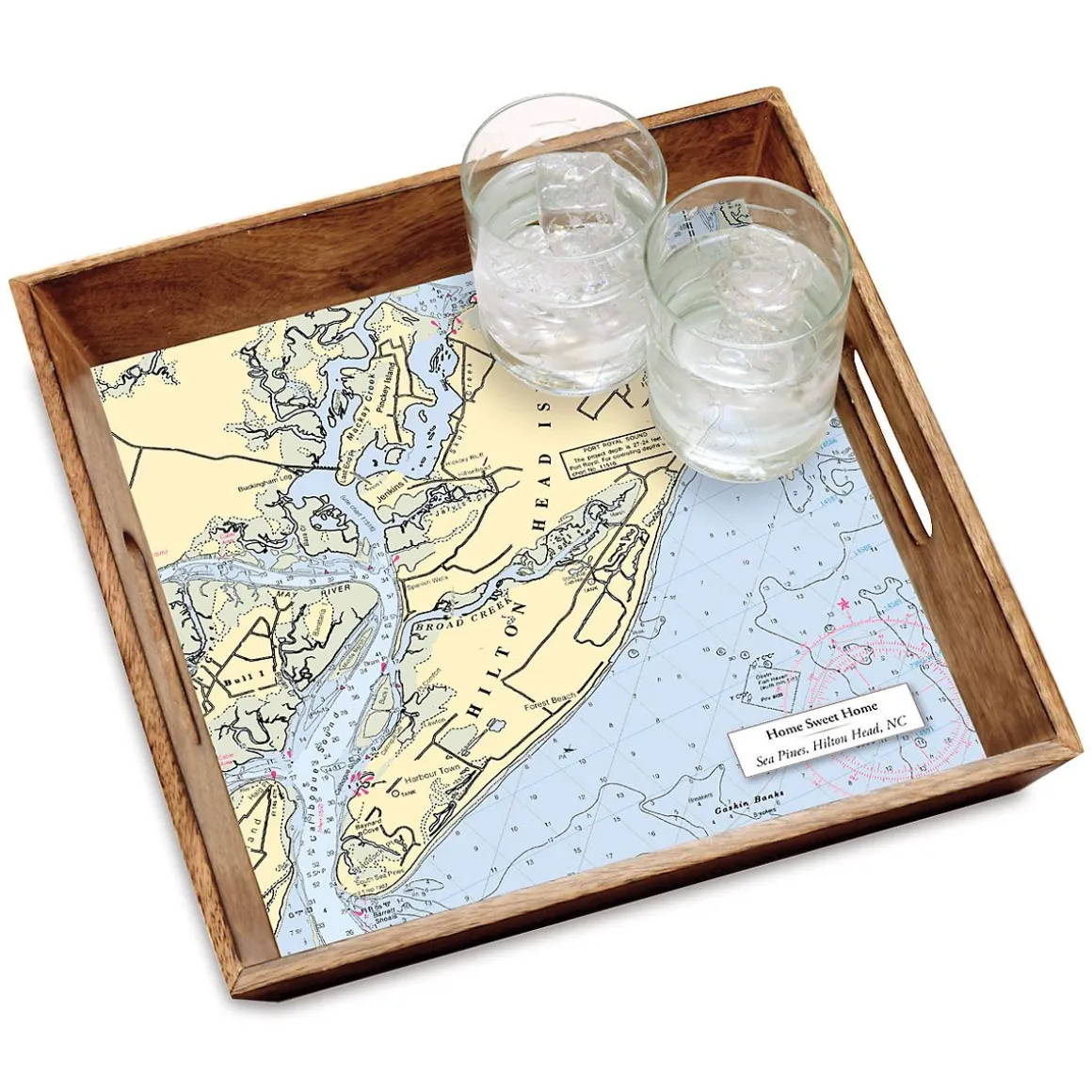 Nautical Chart Personalized Serving Tray in Burnt Wood