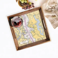 Nautical Chart Personalized Serving Tray in Burnt Wood