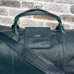 Navy Genuine Leather Monogrammed Duffel Bag