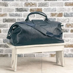 Navy Genuine Leather Monogrammed Duffel Bag