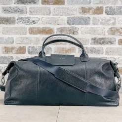 Navy Genuine Leather Monogrammed Duffel Bag