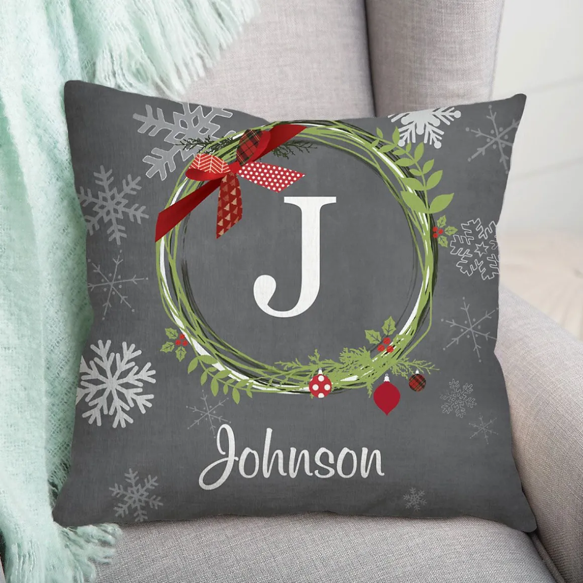 Personalized Christmas Wreath Pillow