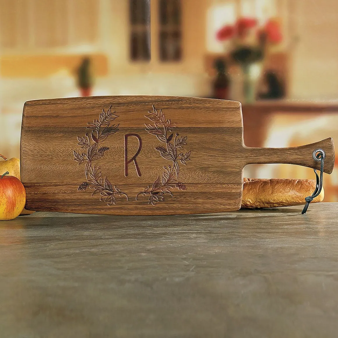 Personalized Floral Laurel Paddle Cutting Board