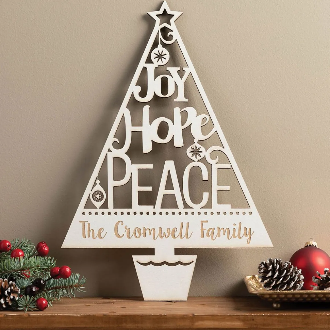 Personalized Joy Hope Peace White Wood Plaque