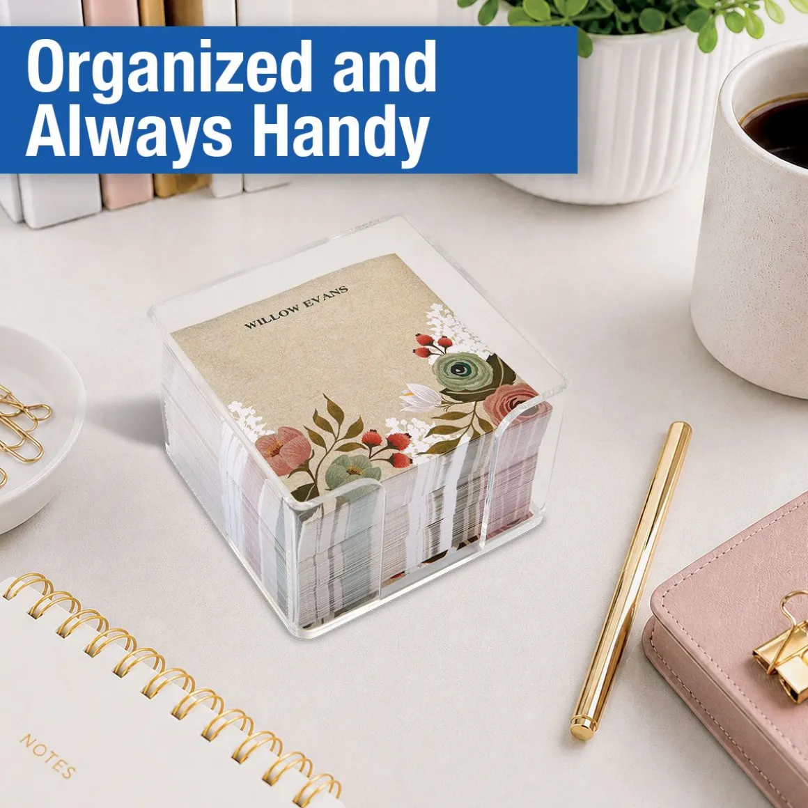 Personalized Kraft Floral Note Sheets in a Cube