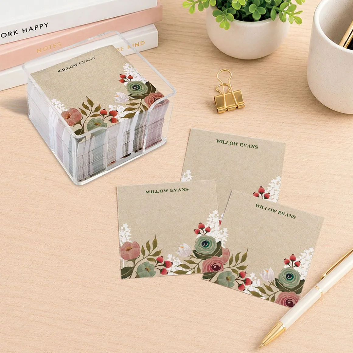 Personalized Kraft Floral Note Sheets in a Cube