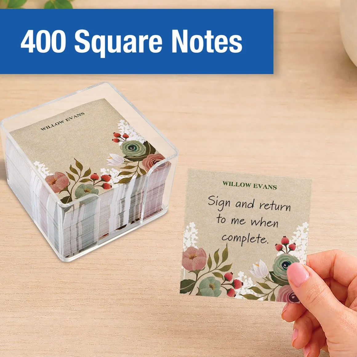 Personalized Kraft Floral Note Sheets in a Cube