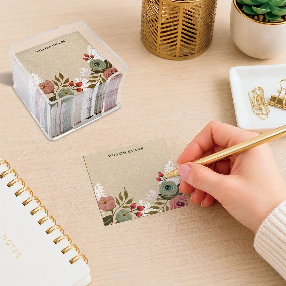 Personalized Kraft Floral Note Sheets in a Cube