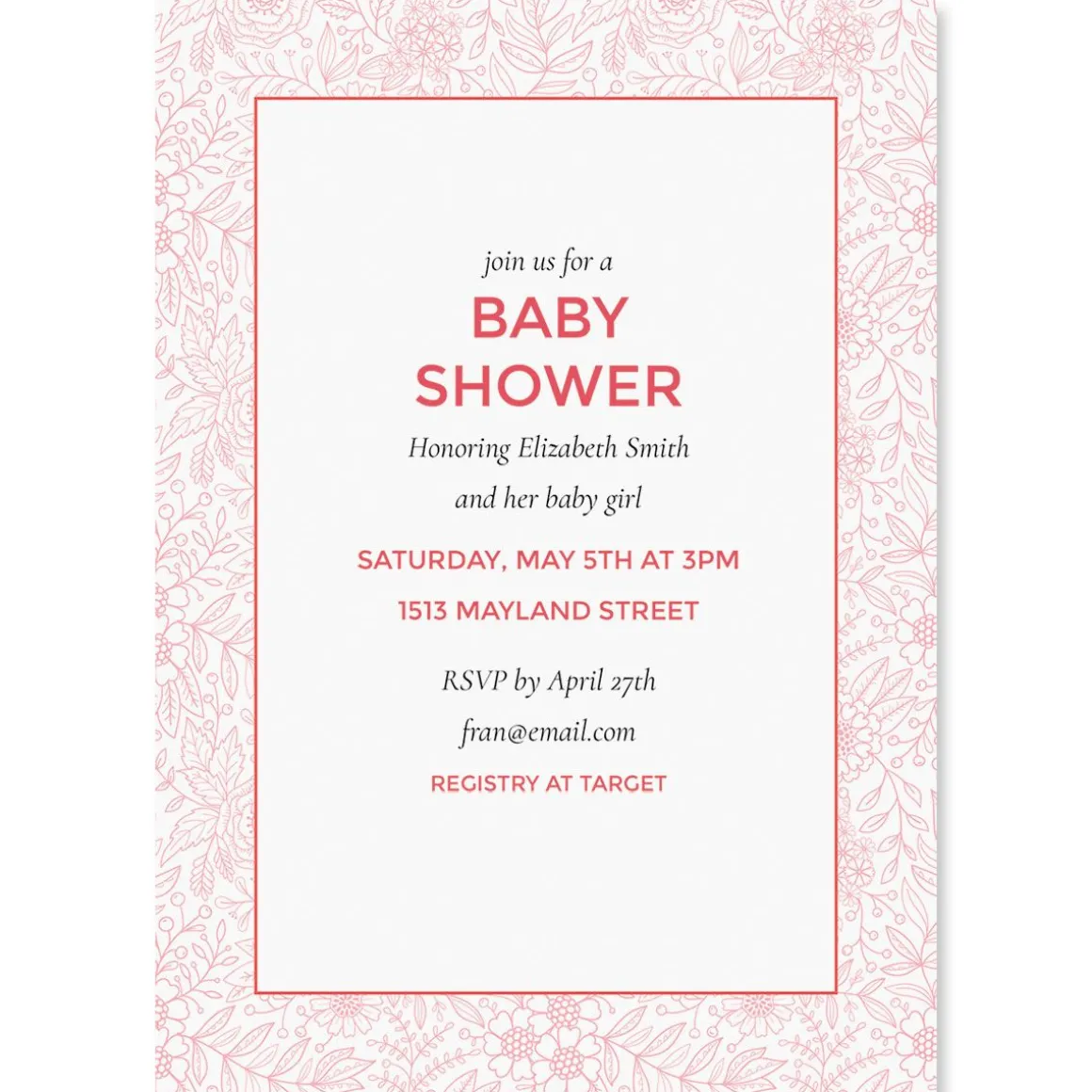 Red Floral Frame Personalized Shower Invitations