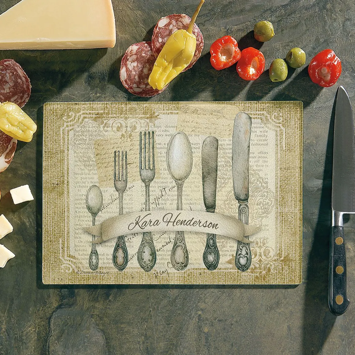 Silverware Personalized Glass Cutting Board