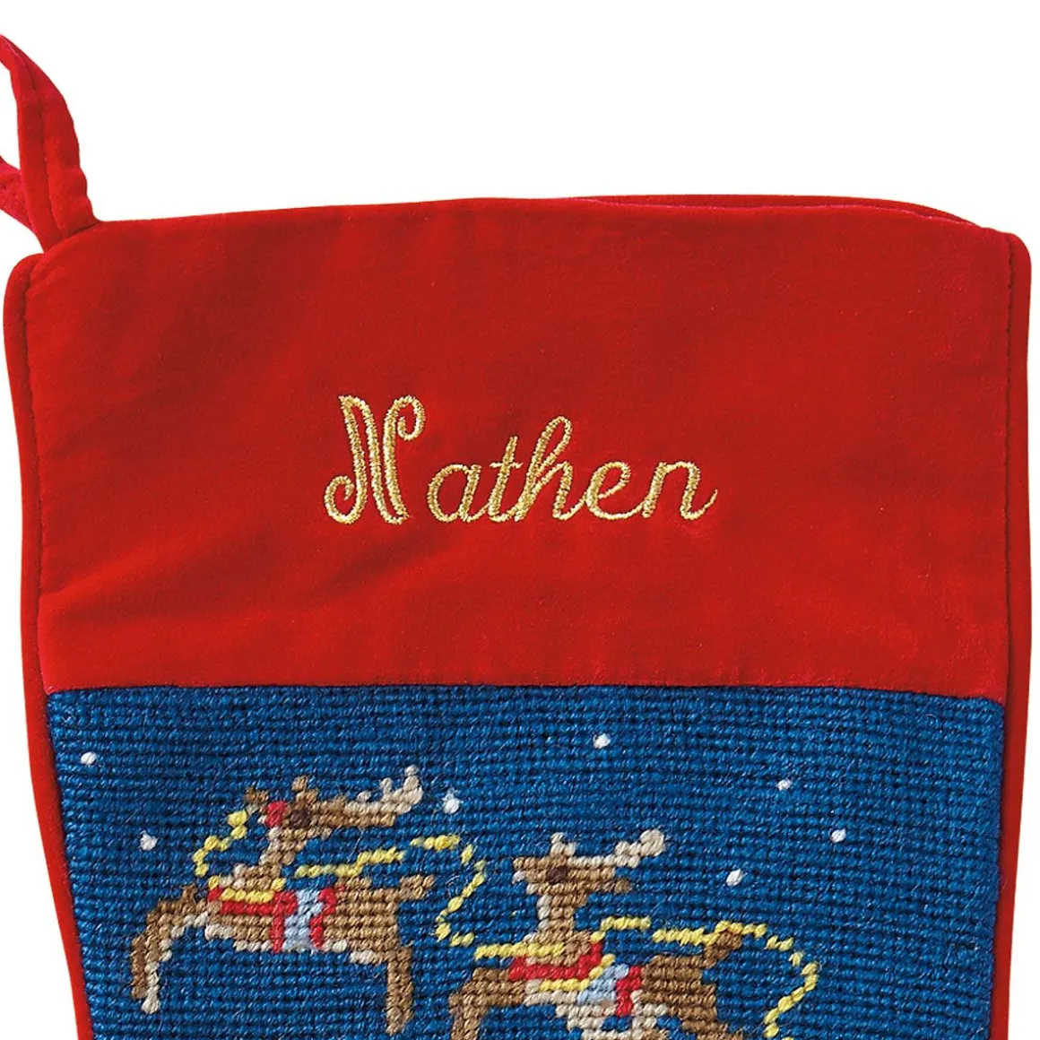 Sleigh & Reindeer Heirloom Needlepoint Personalized Christmas Stocking