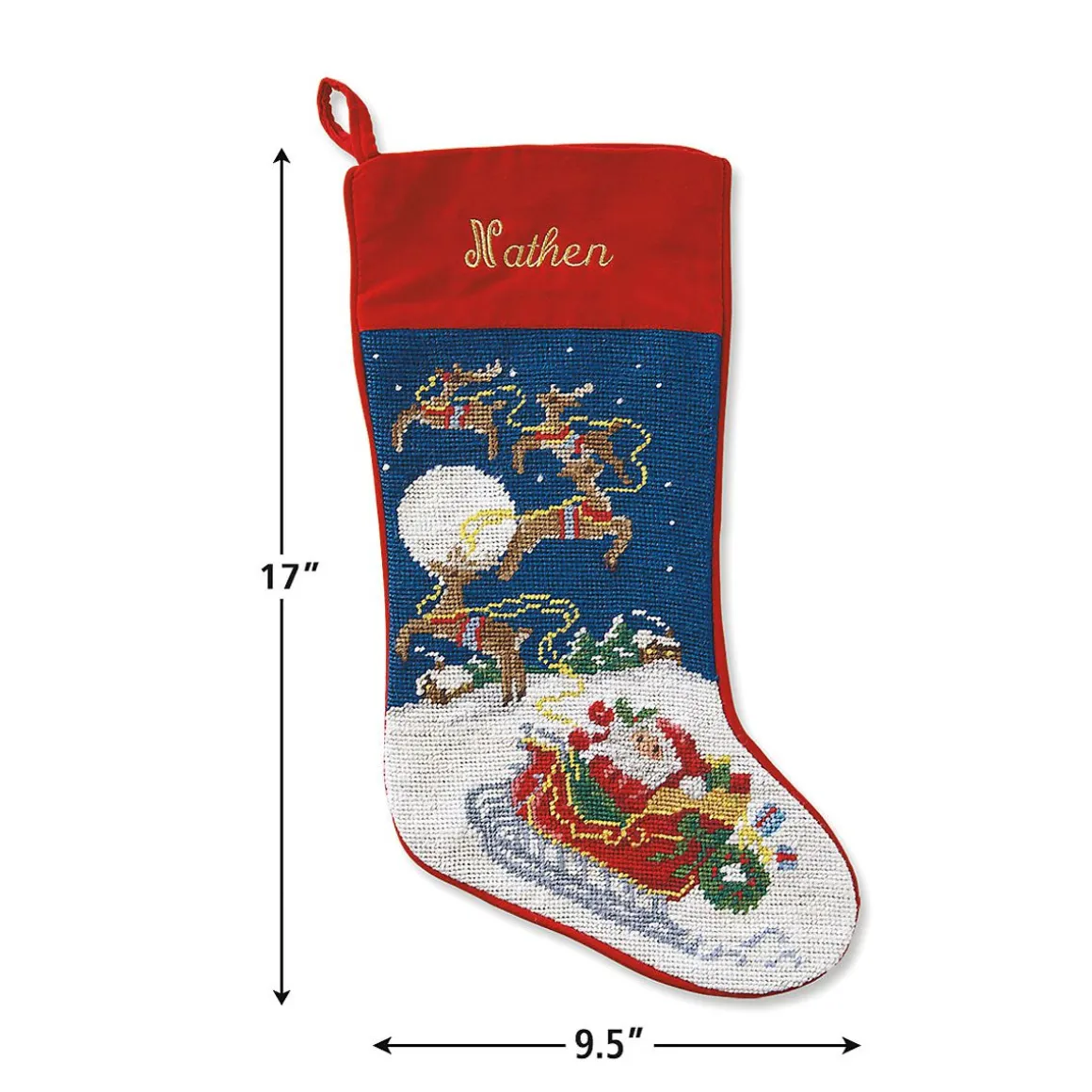 Sleigh & Reindeer Heirloom Needlepoint Personalized Christmas Stocking