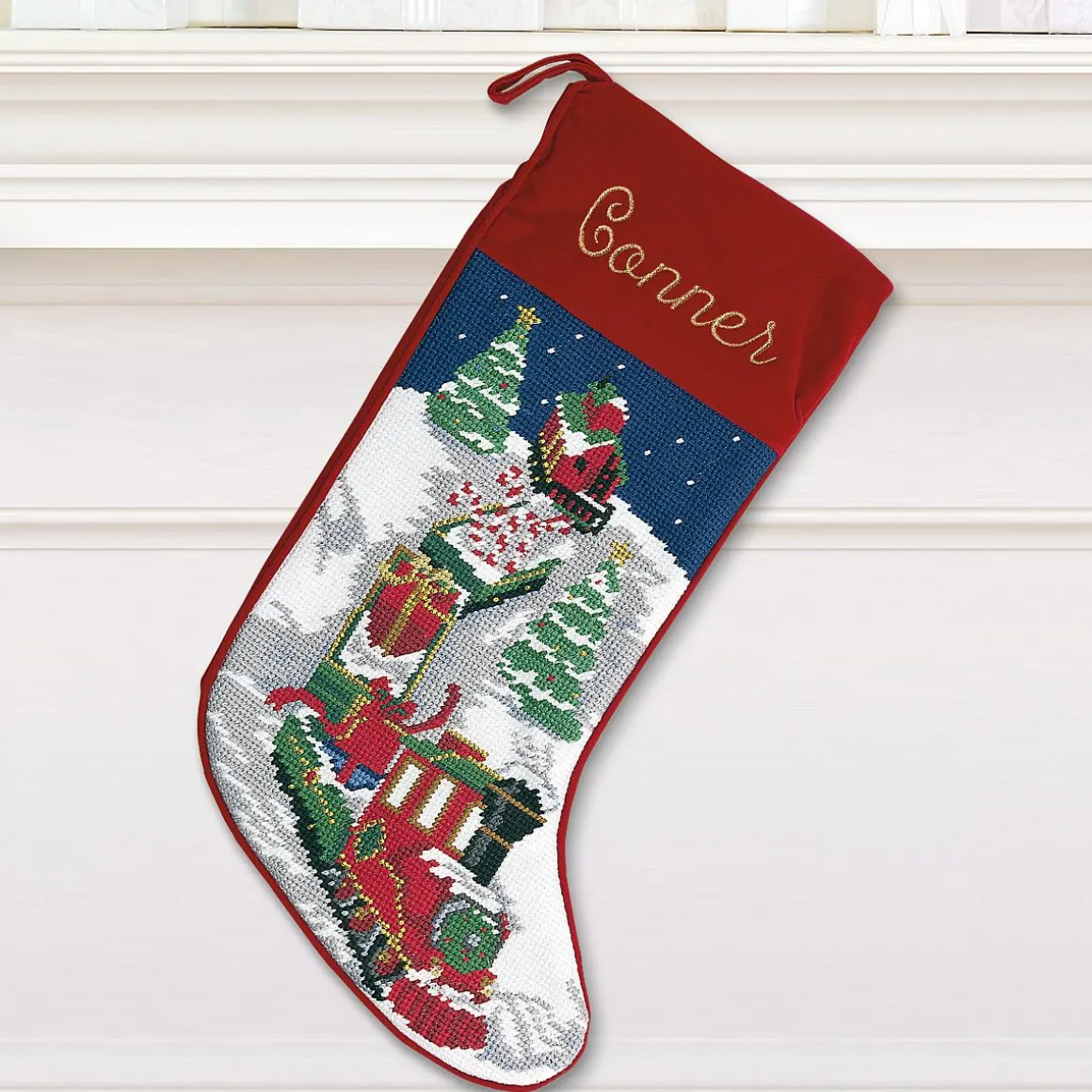 Train Heirloom Needlepoint Personalized Christmas Stocking