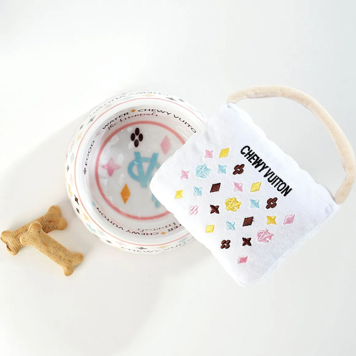 White Chewy Vuiton Handbag Pet Toy