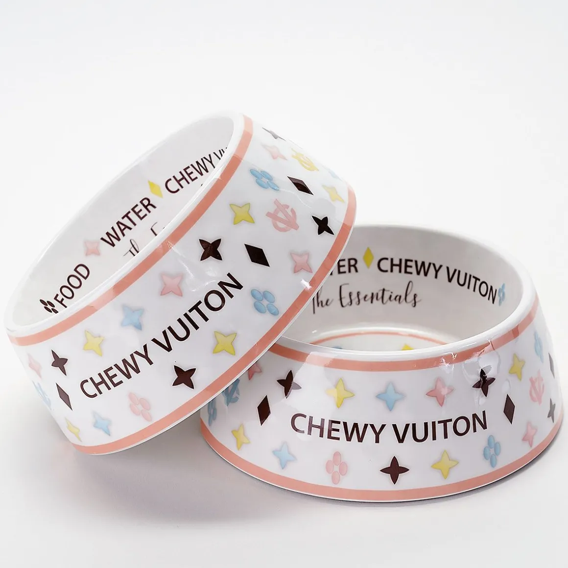 White Chewy Vuiton Pet Bowl