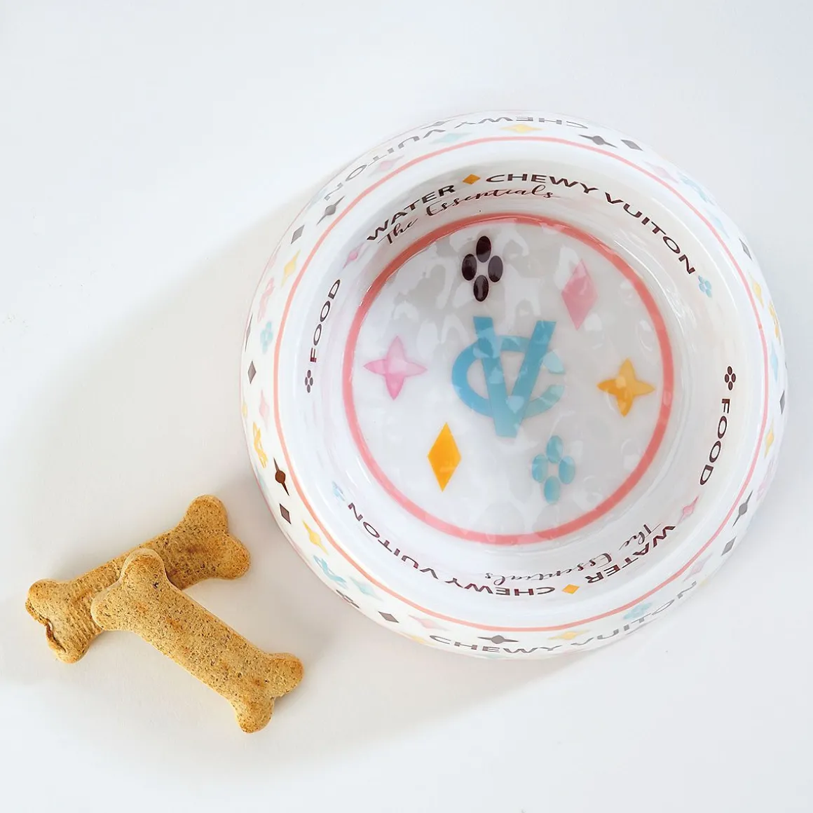 White Chewy Vuiton Pet Bowl