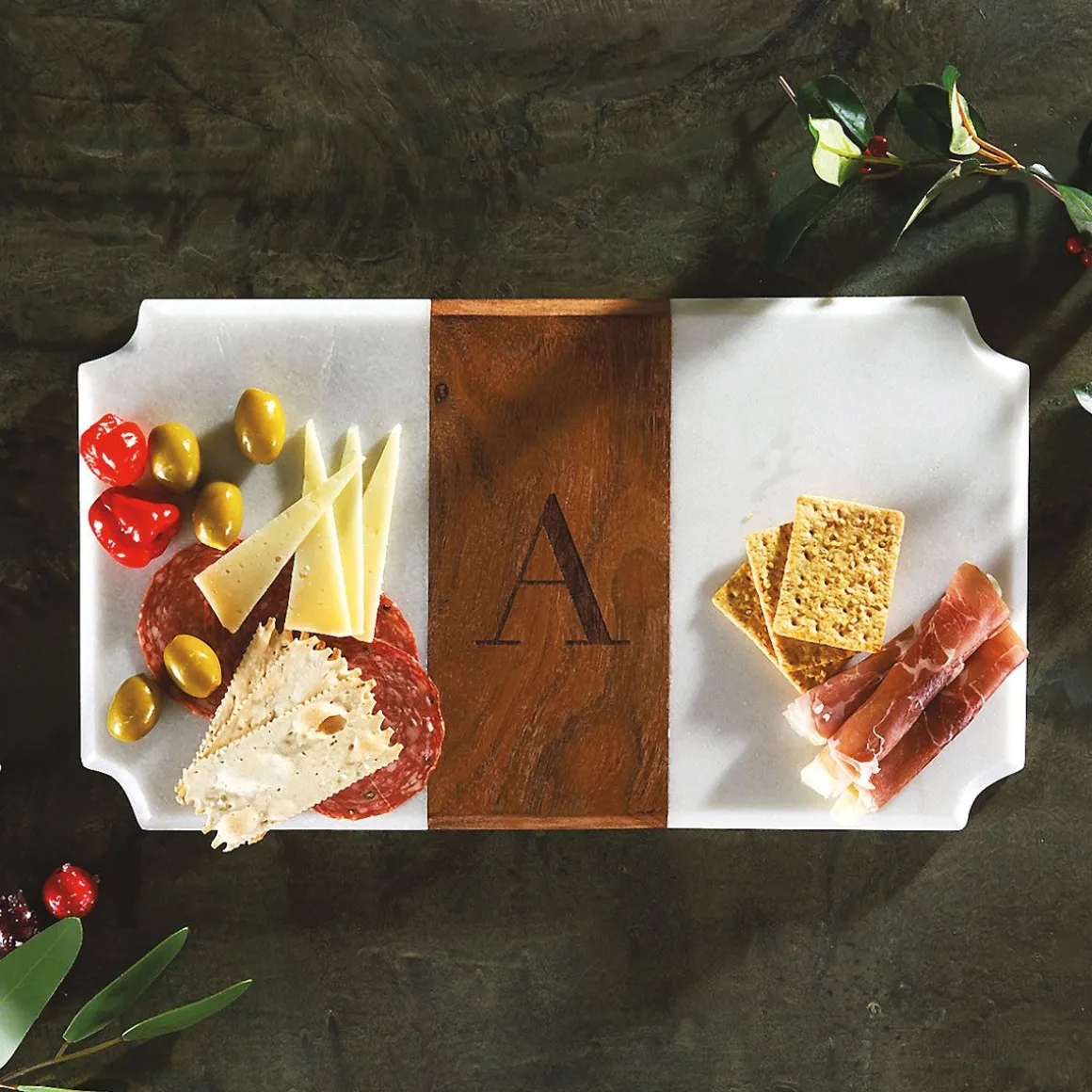 White Marble & Wood Serving Board with Initial