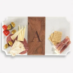 White Marble & Wood Serving Board with Initial