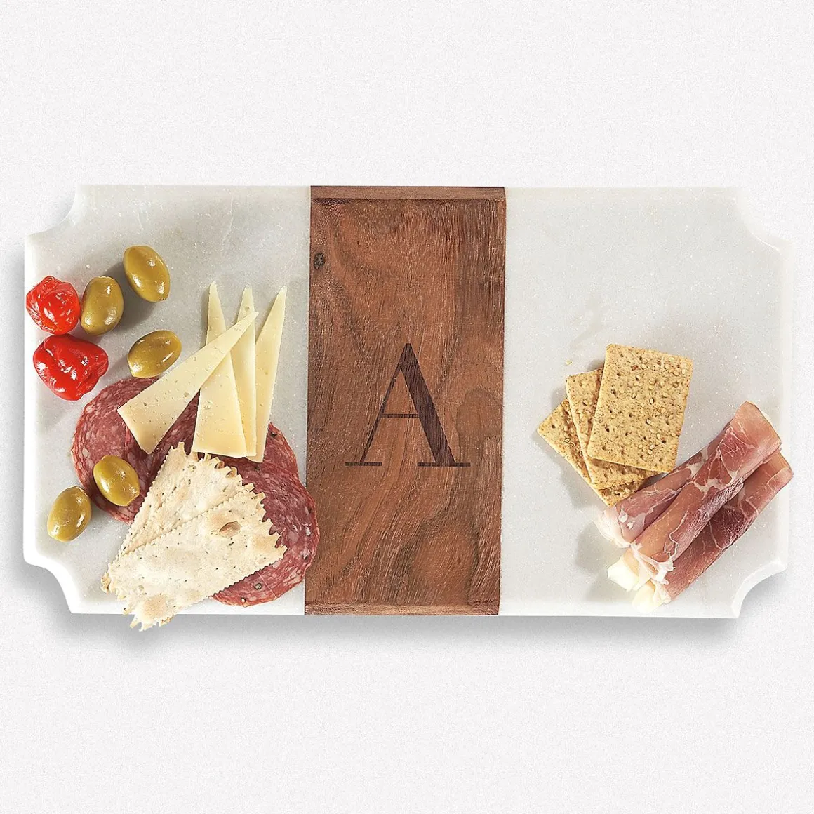 White Marble & Wood Serving Board with Initial