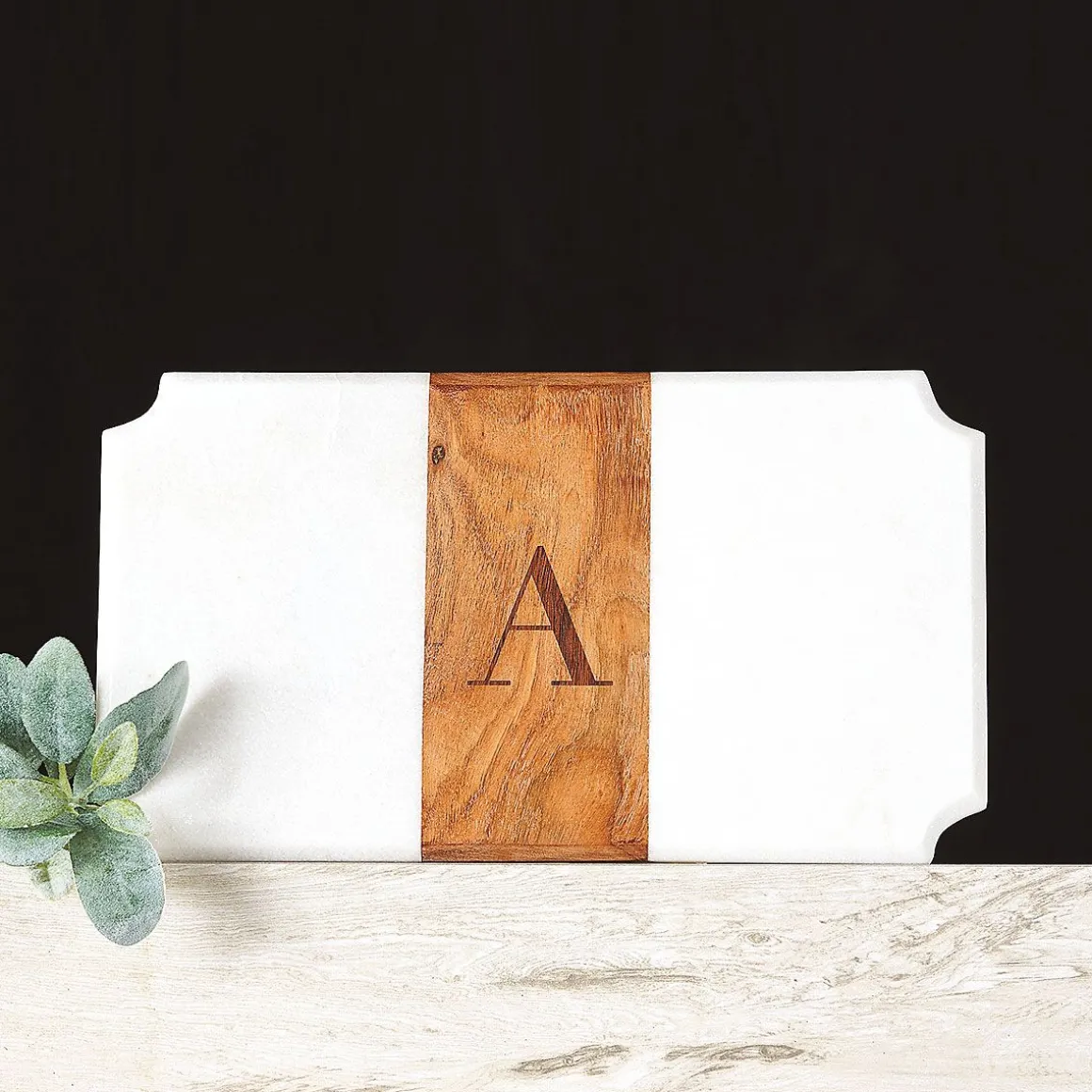 White Marble & Wood Serving Board with Initial
