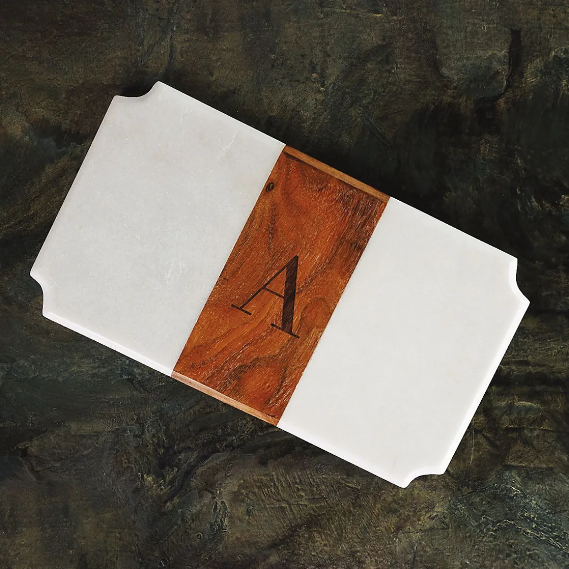 White Marble & Wood Serving Board with Initial